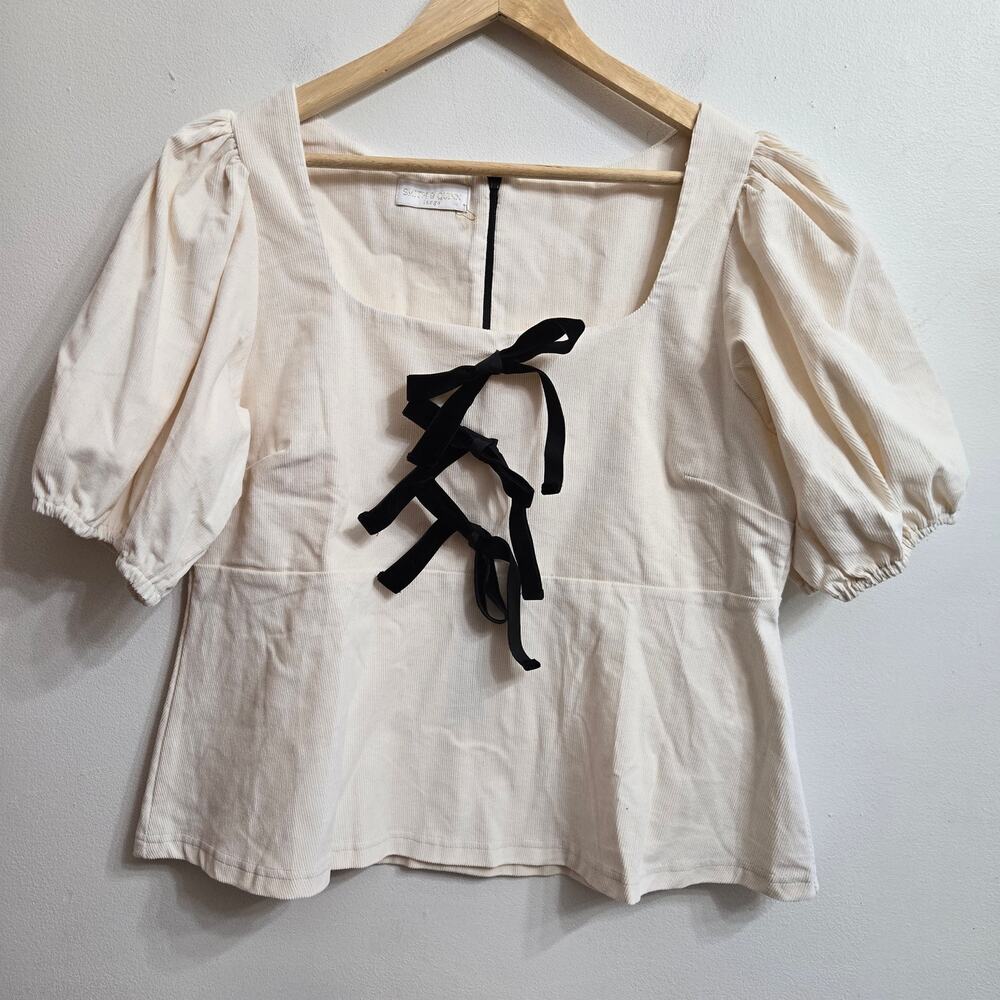 Smith & Quinn Women Cottage Feminine Romantic Corduroy Puff Sleeve Bow Top L